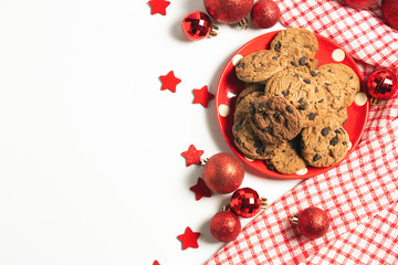 glitter gloss red decoration ball with star and cookies bakery biscuit sweet dessert on with background top view in merry christmas season holiday