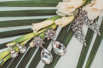 Set of jewels arranged on a leaf of a Palm Tree