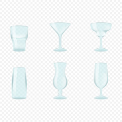 Set of beautiful vector semi transparent empty glasses for water, cocktails, beer, wine or milk