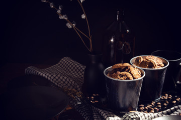 vintage food dinner cookies biscuit sweet dessert bakery and coffee bean with decoration prop on wood table dark style