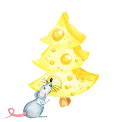 Christmas cheese tree with rat. New year greeting card 2020. Watercolor drawing piece of cheese yellow in color is mouse favorite food. Illustration on white background