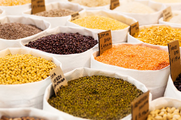 Photograph of some spices displayed in a local market in Rome. Many colors, many flavors.
