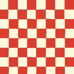 Hand drawn hartvig chess pattern in retro style red yellow white colors. Seamless texture with chess figures elements