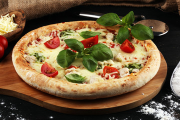 vegetarian italian Pizza with tomatoes, mozzarella cheese  and basil. Delicious italian pizza