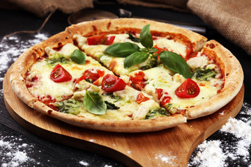 vegetarian italian Pizza with tomatoes, mozzarella cheese  and basil. Delicious italian pizza