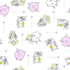 Super cute hand drawn vector sheep and lambs endless texture. Seamless pattern for children design with funny sheep washing, singing, reading, k shy, peek-a-boo, counting.