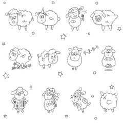 set of elements for your design. Sheep flat hand drawn vector color characters set isolated on white. Cartoon illustration