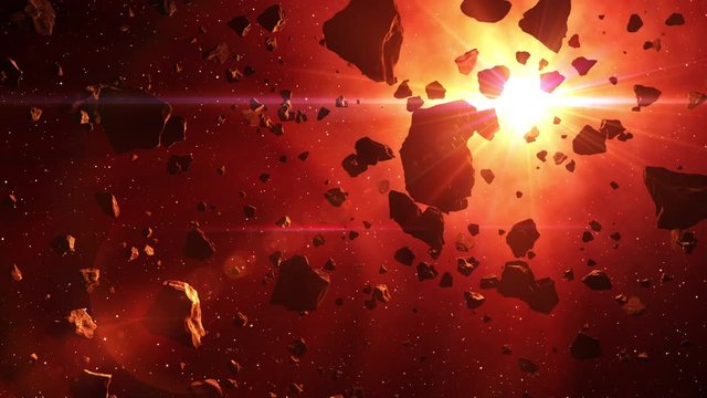 4K. Asteroids Cluster In The Rays Of Red Sun. 3D Animation. 3840x2160. UHD.