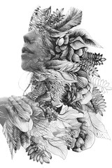 Paintography. Double exposure close up portrait of a young natural beauty, with face and hair combined with hand drawn leaves and flowers dissolving into the background, black and white