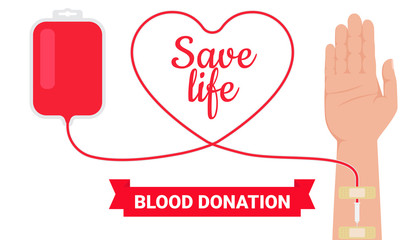 Blood donation concept. Flat vector colorful illustration. Hand in a process of blood transfusion. Donate blood - save life. World donor day.