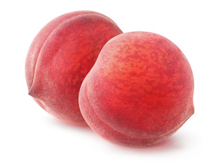 Isolated peach fruits. Two pink peaches isolated on white background with clipping path