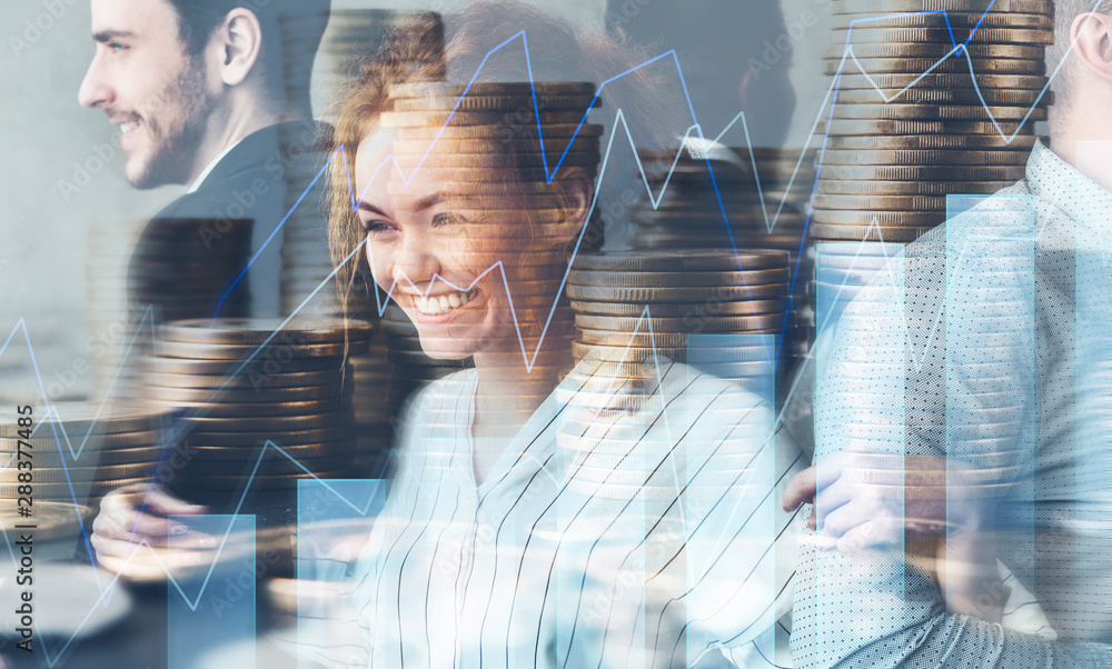 Poster multi exposure of business team, stack of coins and trading chart