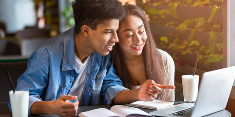 Black teenager showing his girlfriend new educational website