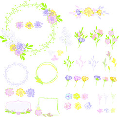 Hand drawn floral square wreath and seamless brush with tender elements in pastel colors. Elegant  endless floral bruches with doodle flowers and leaves blue, yellow, pink, violet and green on white