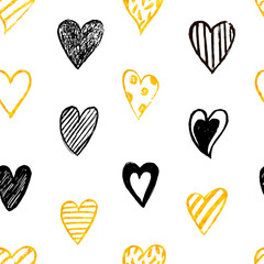 set of hearts Seamless hand drawn pattern with golden and black hearts. Elegamt endless texture with doodle hearts on white background