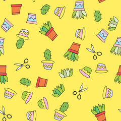 Seamless hand drawn vector pattern with cute plants in kids bright colors. Funny endless texture with doodle child's elements on yellow background