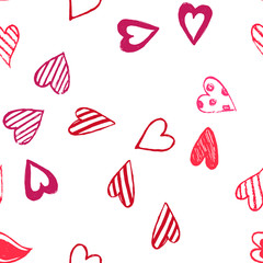 Seamless hand drawn pattern with red hearts. Elegamt endless texture with doodle hearts on white background