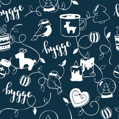 Cute doodle christmas elements. Vector hand drawn seamless pattern with hygge lettering and cozy things candles, christmas toy, garlands and hot chocolate with marshmallow. Danish living concept.