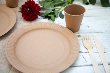 Various eco-friendly kraft paper packaging, containers for takeaway food. Zero waste and recycling concept.