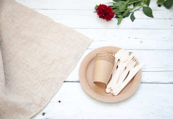 Various eco-friendly kraft paper packaging, containers for takeaway food. Zero waste and recycling concept.