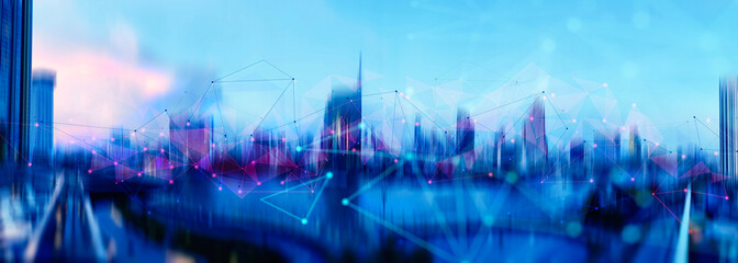 Wireless network and Connection technology concept with Abstract Bangkok city background in panorama view