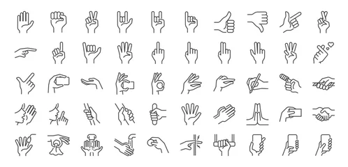 Fotobehang Hand gestures line icon set. Included icons as fingers interaction,  pinky swear, forefinger point, greeting, pinch, hand washing and more. © antto