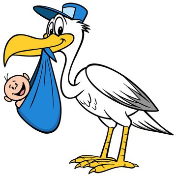 Stork with a Baby Boy - A cartoon illustration of a Stork with a Baby Boy.