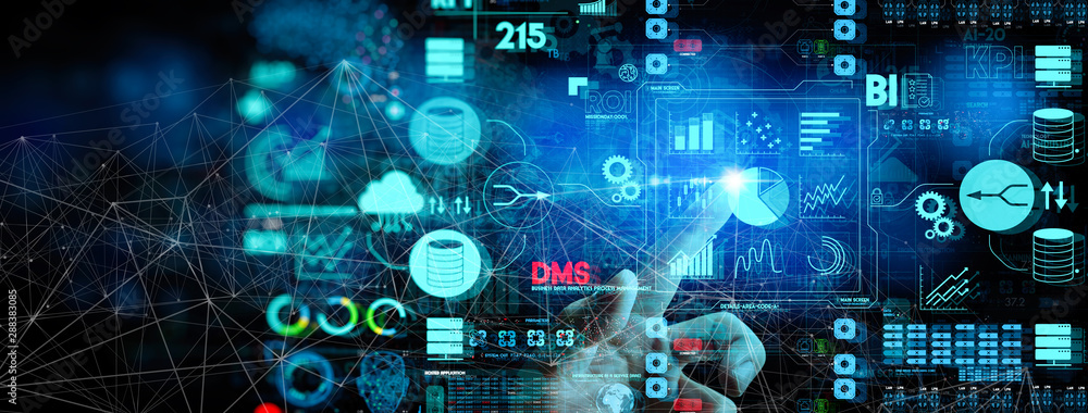 Poster Business data analytics process management with businesswoman hand touching connected gear cogs with KPI financial charts and graph and automated marketing dashboard.
