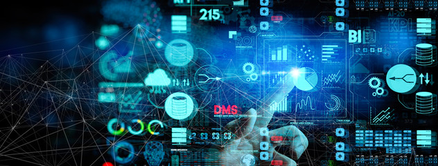 Business data analytics process management with businesswoman hand touching connected gear cogs...