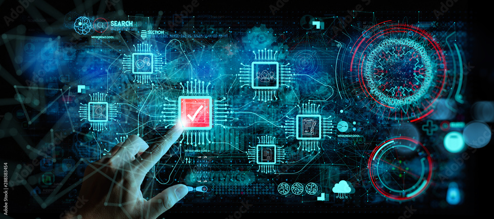 Aufkleber Hand touching with Data Management System (DMS) and Business Analytics concept with servers connected to dashboard.