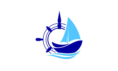 Nautical emblem featuring a blue sailboat and ship s wheel with waves
