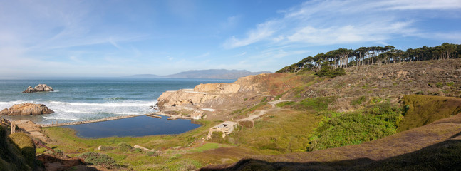 San Francisco Pacific Ocean panorama of the Sutro Bath ruins and Lands End Park.