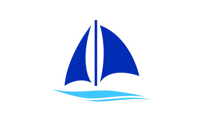 Simple blue sailboat with white mast and light blue waves on white background