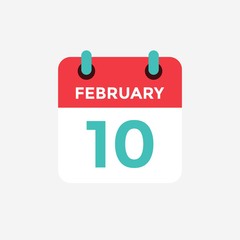 Flat icon calendar 10 of February. Date, day and month. Vector illustration.