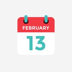 Flat icon calendar 13 of February. Date, day and month. Vector illustration.