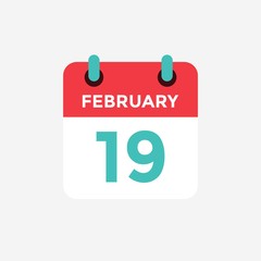 Flat icon calendar 19 of February. Date, day and month. Vector illustration.
