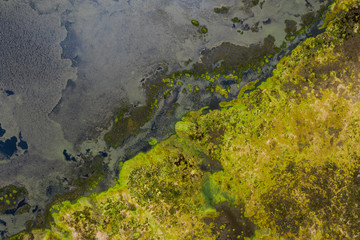aerial abstract image of water and algae patterns at Lagoa Branca caldera crater on the Azores island of Ilha das Flores