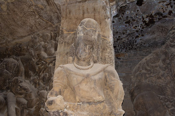 Sculpture of Hindu god in Elephanta cave near Mumbai Harbor.