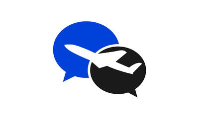 Airplane silhouette inside two overlapping speech bubbles representing communication and travel