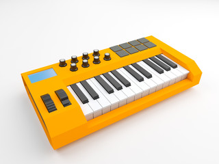 Yellow two octave midi keyboard with pads and rotary knobs on white background. Low poly 3d rendering.