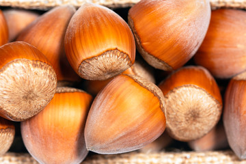 Closeup heap of brown hazelnuts