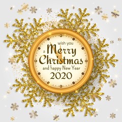 Merry Christmas background with shiny snowflakes, golden balls, clock and gold colored tinsel and streamer. Greeting card and Xmas template. Five minutes to midnight