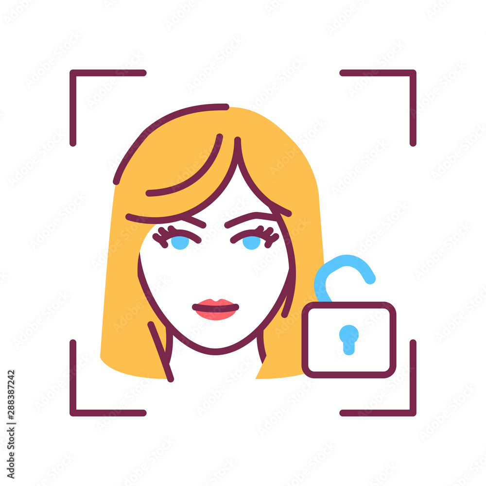Poster identification face color line icon. verification successful. unlock access. id and verifying person