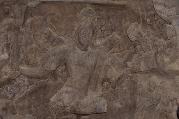 Sculpture of Hindu god in Elephanta cave near Mumbai Harbor.