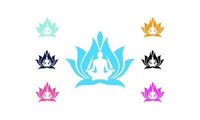 Yoga Logo Template, Lotus flower logo with human silhouette, Yoga logo vector emblem, Yoga pose vector logo design template. Beauty, Spa, Relax, Massage, Meditation, concept icon. yoga colorful design