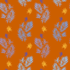 Fototapeta na wymiar Abstract tropical plants pattern. Hand drawn fantasy exotic sprigs. Seamless floral background made of herbal foliage leaves for fashion design, textile, fabric and wallpaper.