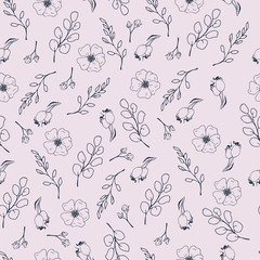 Seamless hand drawn vector pattern with tender floral elements in pink and grey. Elegant endless texture with doodle dog rose flowers Rosa canina. Rosebush. Wild rose Delicate pattern