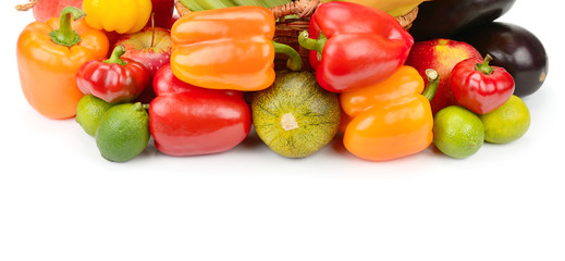 Set of vegetables and fruits isolated on white background. Free space for text. Wide photo.