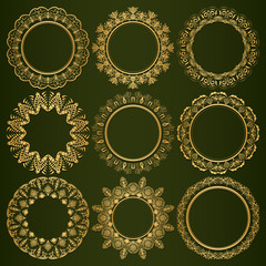Collection of luxurious round golden frames on a green background. Framing for photos, paintings and mirrors. Decorative decoration for books, cards, invitations. Vector.