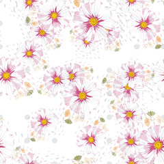 Fototapeta na wymiar Abstract grunge shapes and flowers wild chamomile seamless pattern. Daisy flower vector background.